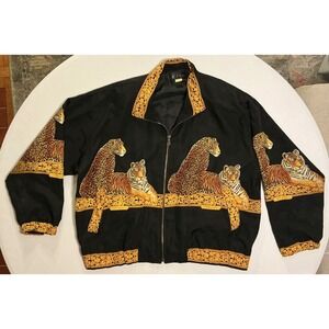 VTG Y2K Mens Pimp Mob Jacket Black Tiger Leopard AOP Wrap Around Rhinstones 2XL